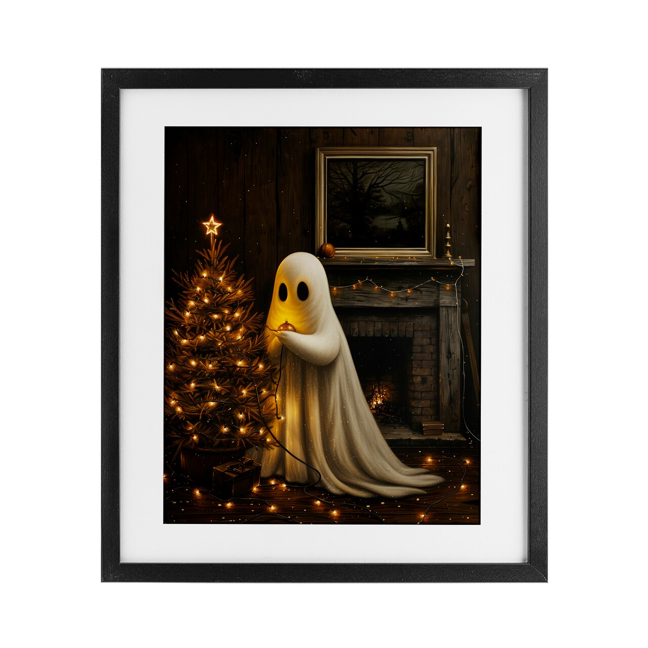 Stupell Industries Christmas Ghost Hanging Lights Framed Print Under Glass, design by Arlington Prints